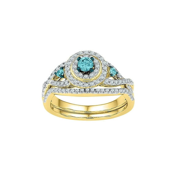 Diamond Princess 10kt Yellow Gold Womens Round Blue Color Enhanced Diamond Bridal Wedding Ring Set 5/8 Cttw