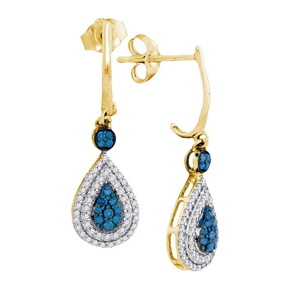 Diamond Princess 10kt Yellow Gold Womens Round Blue Color Enhanced Diamond Teardrop Dangle Earrings 1/2 Cttw