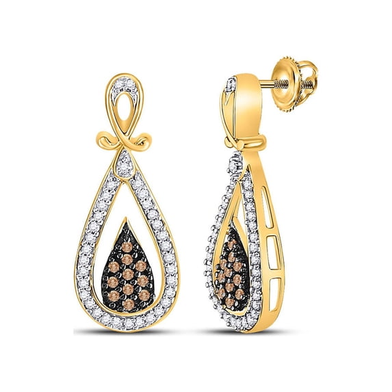 Diamond Princess 10kt Yellow Gold Womens Round Brown Diamond Teardrop Dangle Earrings 1/3 Cttw