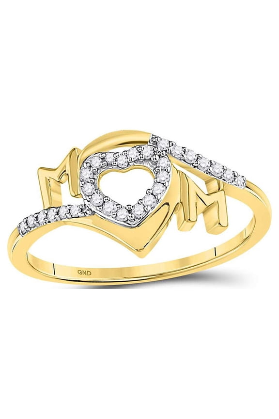 10kt Yellow Gold Womens Round Diamond Heart Mom Mother Ring 1/8 Cttw