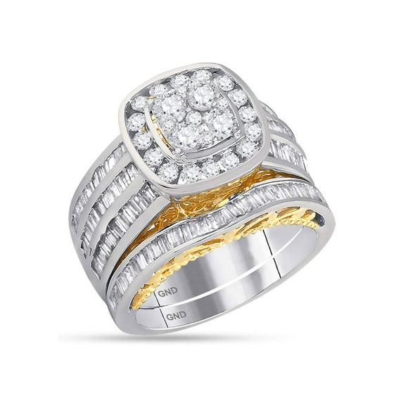Diamond Princess 14kt Two-tone Gold Round Diamond Cluster Bridal Wedding Ring Band Set 1-3/4 Cttw