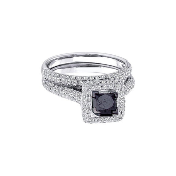 Diamond Princess 14kt White Gold Princess Black Color Enhanced Diamond Bridal Wedding Set 1-1/4 Cttw Size 6