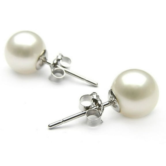 Diamond Princess Button Studs White Freshwater Cultured Pearl, 925 Sterling Silver, 8.5-9mm