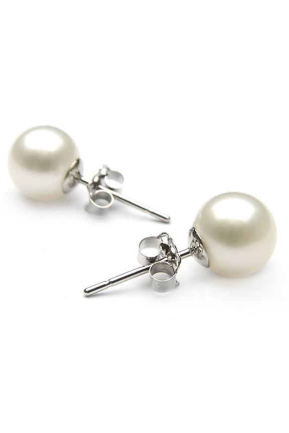 Button Studs White Freshwater Cultured Pearl, 925 Sterling Silver, 8.5-9mm