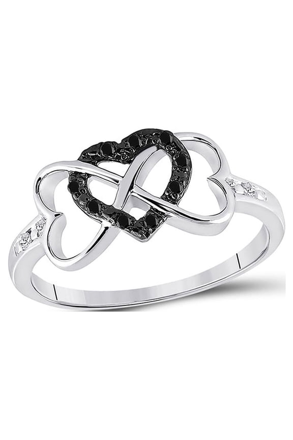 Diamond Princess Sterling Silver Womens Round Black Color Enhanced Diamond Triple Trinity Heart Ring 1/10 Cttw