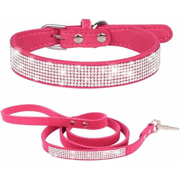 Diamond Puppy Collar and Leash Set, Pretty Rhinestone Bling Cat Collar Fancy Crystal Glitter Jewel Girl Kitten Collars for XXS XS Small Medium Female Pet Dogs, Hot Pink XXSmall