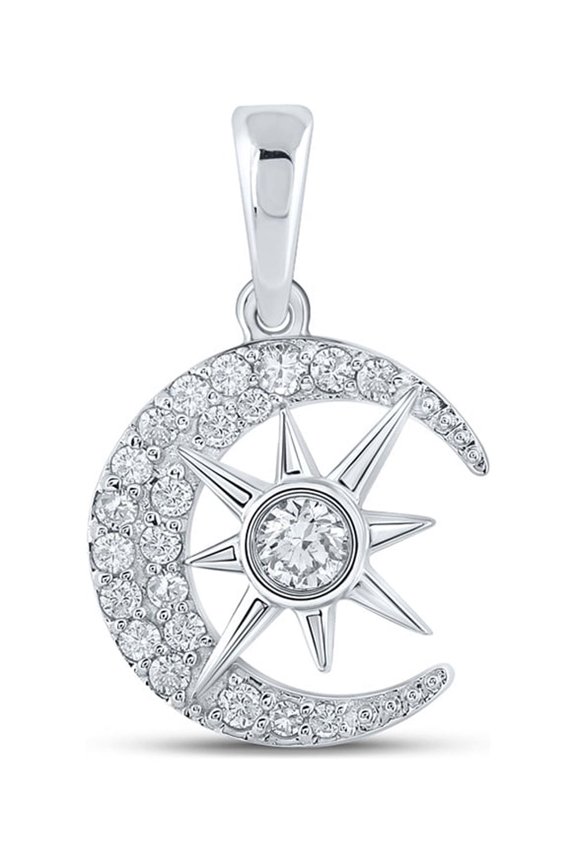 Diamond Queen 10kt White Gold Womens Round Diamond Crescent Moon Star Pendant 1/4 Cttw