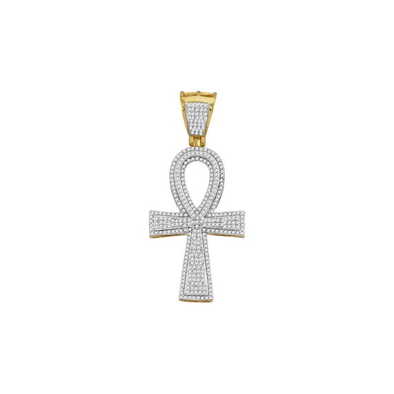 Diamond Queen 10kt Yellow Gold Mens Round Diamond Ankh Flared Cross Charm Pendant 1 Cttw