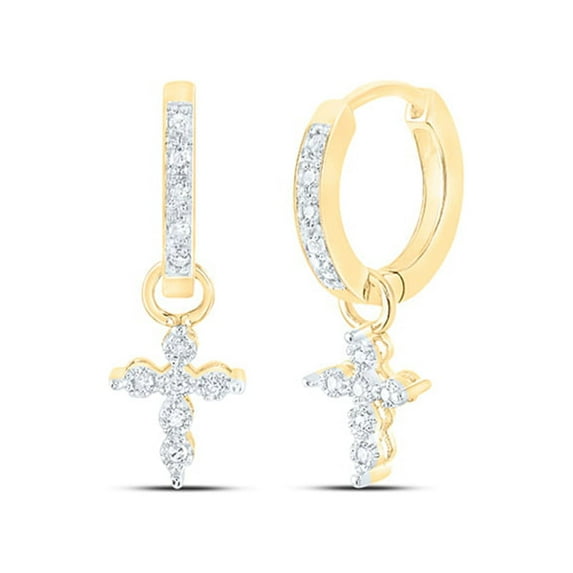 Diamond Queen 10kt Yellow Gold Womens Diamond Cross Dangle Hoop Earrings 1/10 Cttw