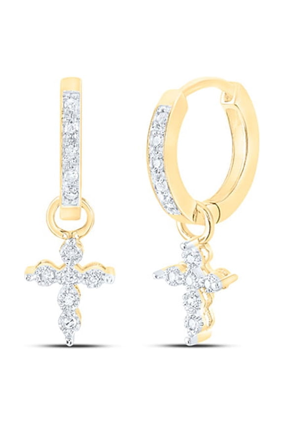 10kt Yellow Gold Womens Diamond Cross Dangle Hoop Earrings 1/10 Cttw