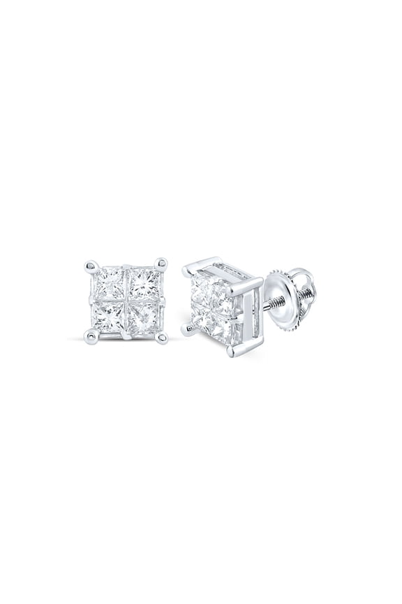 14kt White Gold Womens Princess Diamond Square Cluster Stud Earrings 1 Cttw