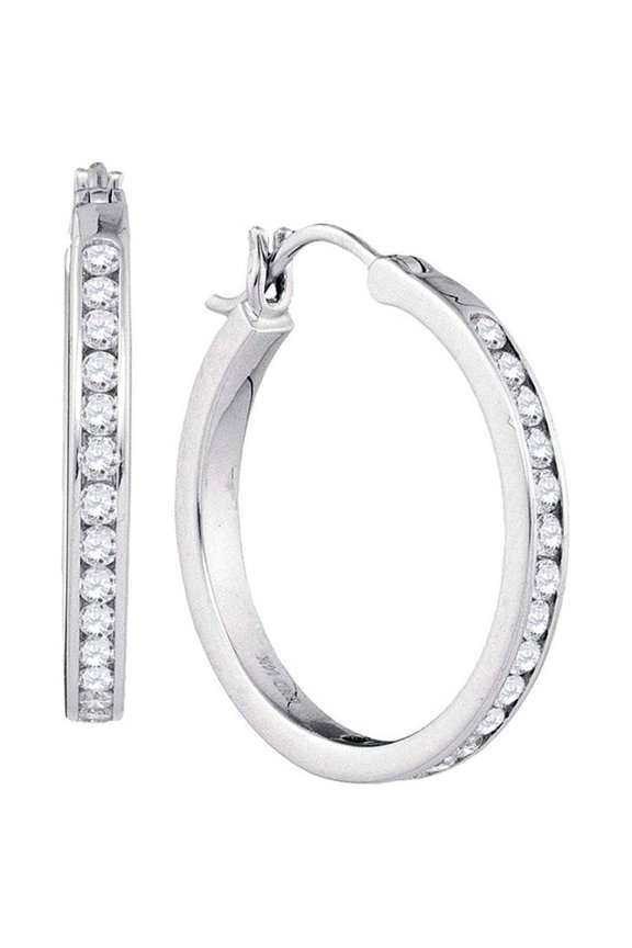 Diamond Queen 14kt White Gold Womens Round Diamond Hoop Snap-down Post Earrings 1 Cttw