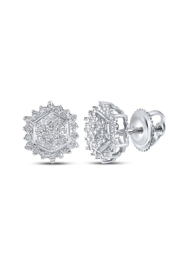 Sterling Silver Womens Diamond Hexagon Cluster Earrings 1/10 Cttw