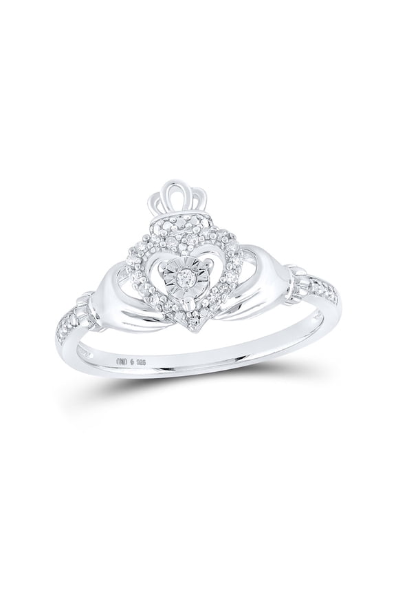 Sterling Silver Womens Round Diamond Claddagh Heart Ring 1/12 Cttw