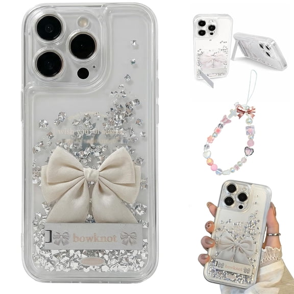 Diamond Quicksand Phone Case, Transparent Protective Case with Stand and Bowknot Pattern, Diamond Glitter Stand Cases for iPhone 17