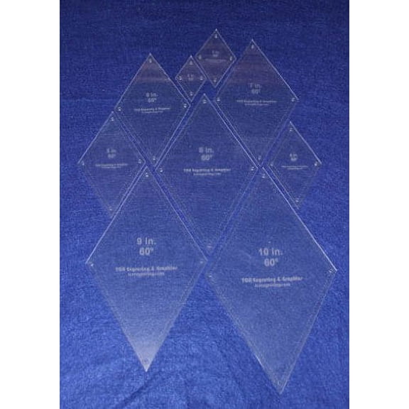 Diamond Quilt Templates 2" - 10"" - Clear 1/8" 60 Degree W/guideline Holes
