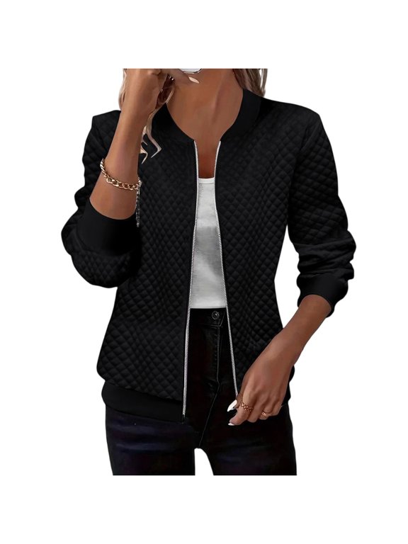 Diamond Quilted Bomber Jacket Full Zip Sweatshirt Casual Outerwear L