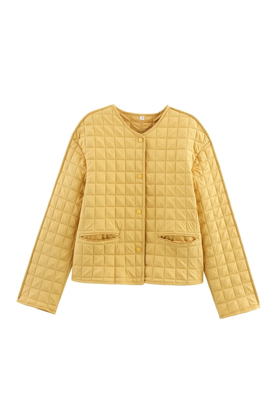 Diamond Quilted Jacket for Women Long Sleeve Button Down Outerwear with Pockets Yellow L
