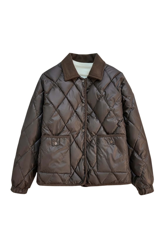 Diamond Quilted Jacket for Women Long Sleeve Button Down Winter Clothing With Corduroy Collar Coffee M