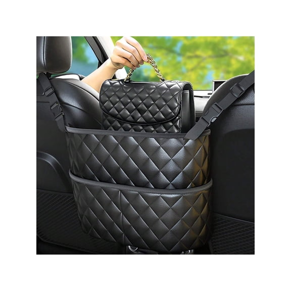 Diamond Quilted PU Leather Car Seat Middle Storage Bag, Double-Layer Handbag Holder Between Front Seats, Universal Auto Interior Organizer, 1 Pack