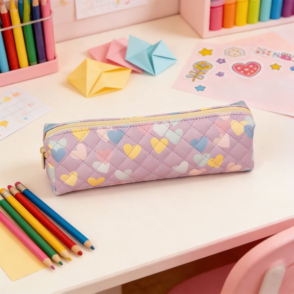 Diamond Quilted Soft Waterproof PU Pencil Pouch Heart Print Cream Matching Metal Zipper Large Capacity Flexible Storage Portable Rectangular Organizer for Office