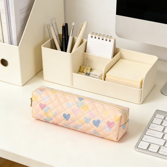 Diamond Quilted Soft Waterproof PU Pencil Pouch Heart Print Cream Matching Metal Zipper Large Capacity Flexible Storage Portable Rectangular Organizer for Office