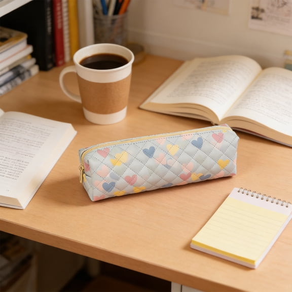 Diamond Quilted Soft Waterproof PU Pencil Pouch Heart Print Cream Matching Metal Zipper Large Capacity Flexible Storage Portable Rectangular Organizer for Office