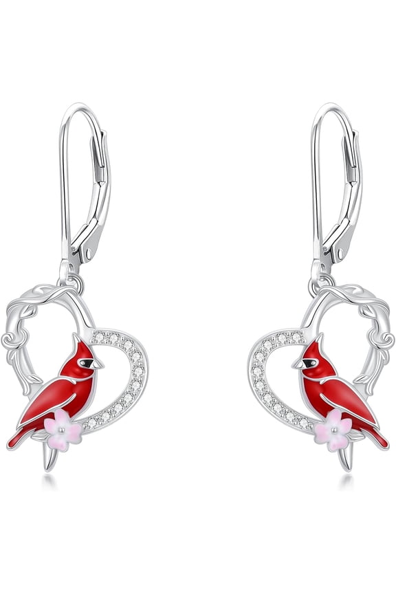 Diamond Red Cardinal/Dragonfly Dangle Earrings for Women, 925 Sterling Silver Animal Lover Drop Leverback Earrings Jewelry Gifts for Her Mother's Day Christmas