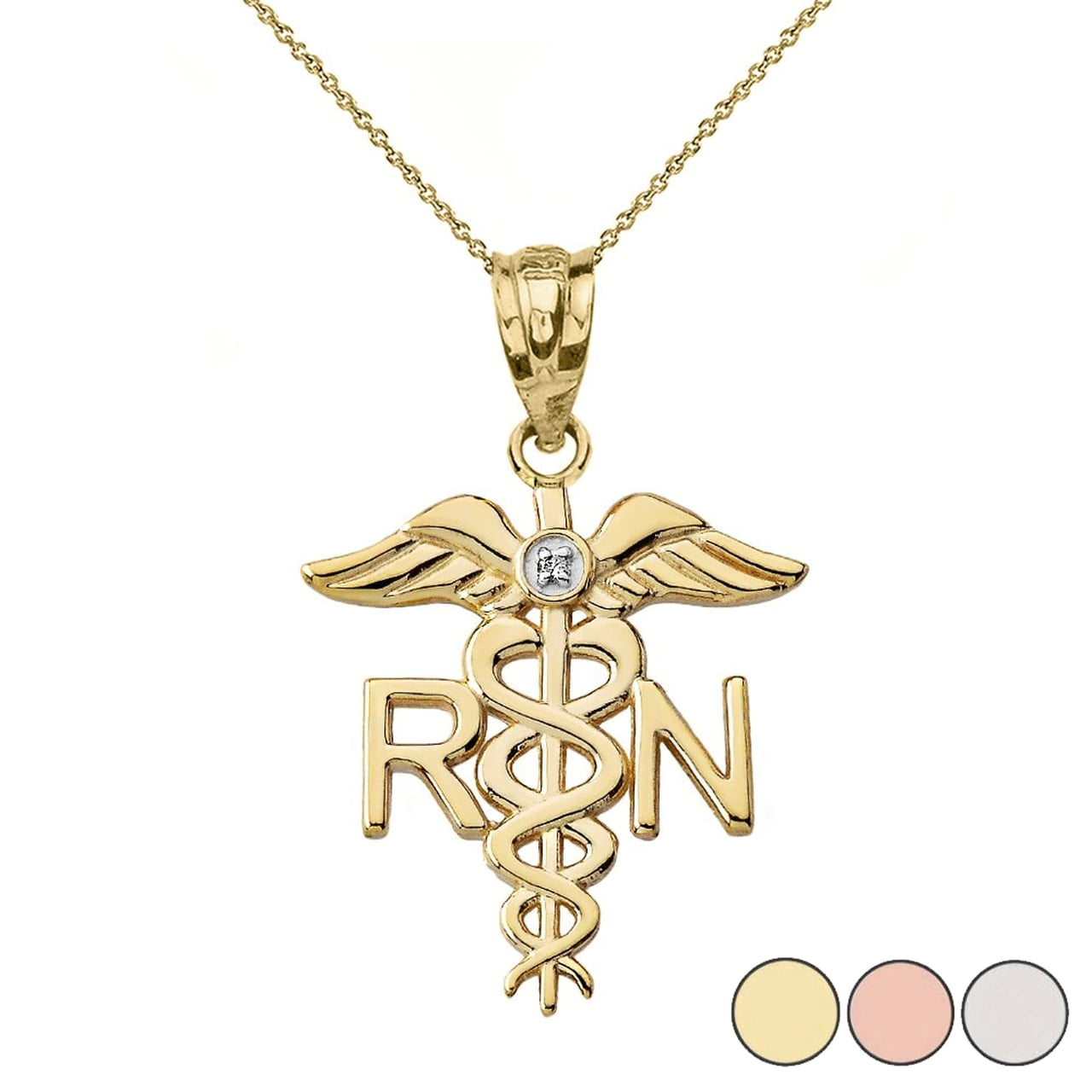 Diamond Registered Nurse Pendant Necklace in Gold Yellow Rose White Yellow GOLD 10K Pendant with 18