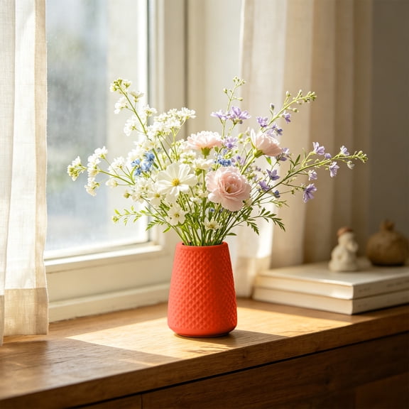 Diamond Relief Plastic Vase 5 Inch, Danish Conical Flower Bucket for Fresh/Dried Flowers, Desktop Decorative Storage Tube, Orange