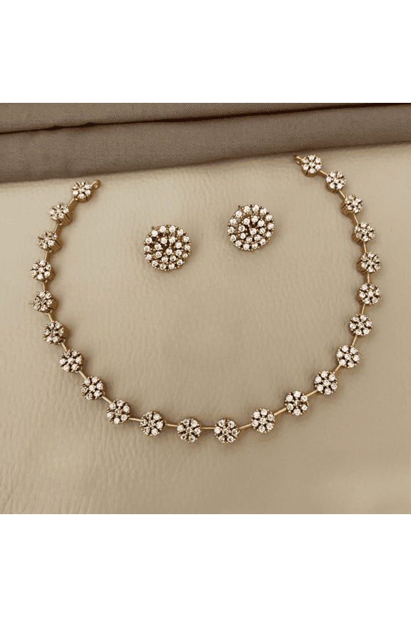Diamond Replica AD Stone Choker Necklace Set with Floral CZ Stud Earrings Indian Bridal Jewelry with White Stone Neckwear