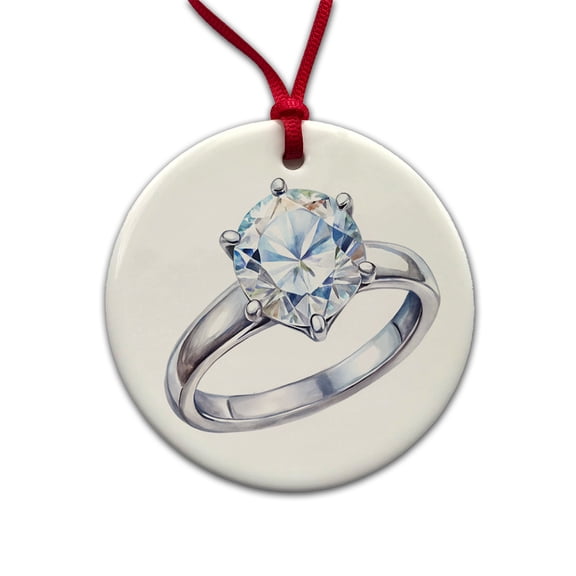 Diamond Ring Engagement Engaged Wedding Proposal Christmas Tree Holiday Round Ceramic Ornament