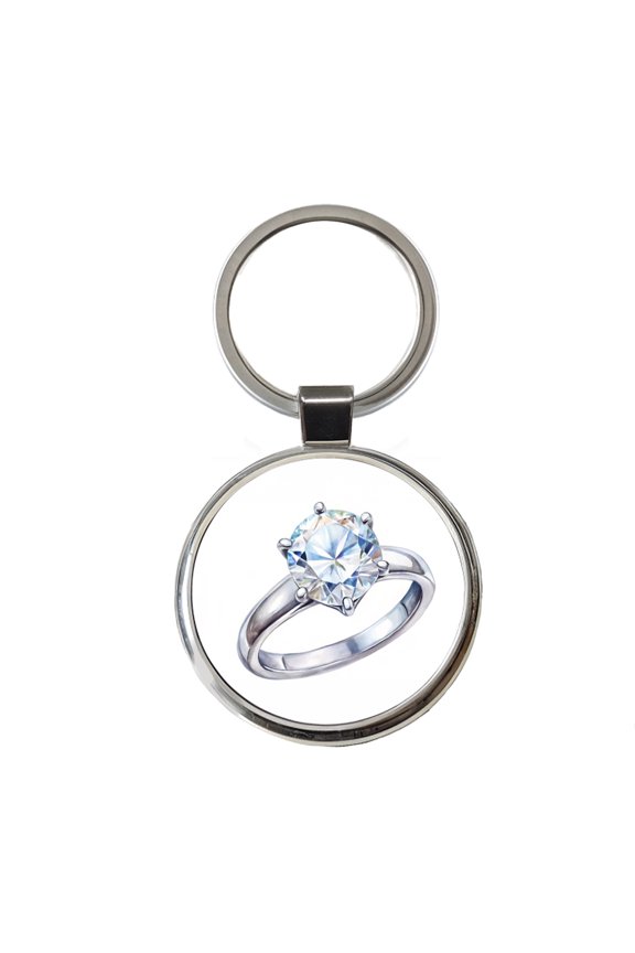 Diamond Ring Engagement Engaged Wedding Proposal Metal Round Keychain