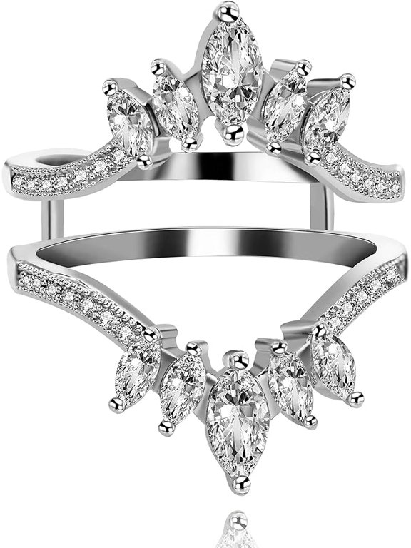 Diamond Ring Enhancer Double Wedding Engagement Band Guard Cubic Zirconia (Silver, Size 9) Y445