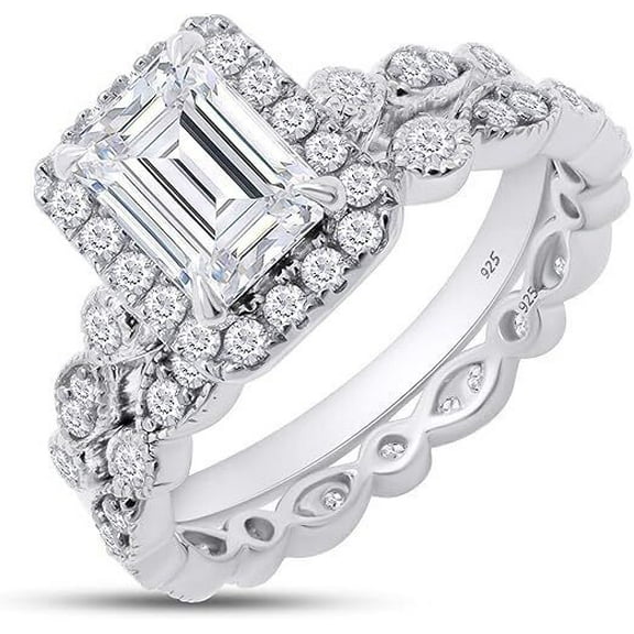 Diamond Ring With Full Eternity Band, Emerald Cut Diamond Wedding Bridal Ring Set, Women's Two Piece Ring Set, Halo Diamond Ring Set, 925 Sterling Silver, 2.4 Ct Simulated Diamond