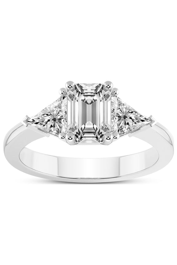 Diamond Ring Gift For Mom 1 Carat IGI Certified Emerald Shape Lab Grown Diamond Engagement Ring | 14K White Gold |Caroline Three Stone Side Trillion Diamond Ring | FG-VS1-VS2 Quality Friendly Diamonds