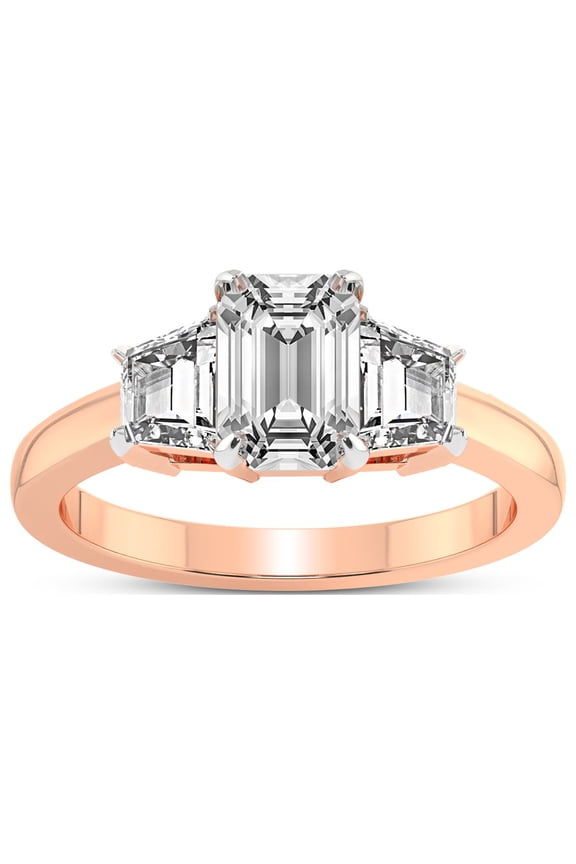 5 Carat IGI Certified Emerald Shape Lab Grown Diamond Engagement Ring | 14K Rose Gold |Dianna Three Stone Side Trapezium Diamond Ring | FG-VS1-VS2 Quality Friendly Diamonds