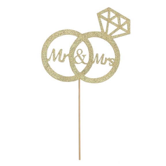 Diamond Ring Paper Cake Cupcake Toppers Glittering Mr&Mrs Cake Picks Novelty Cupcake Decor Party Supplies for Wedding Engagement (Golden)