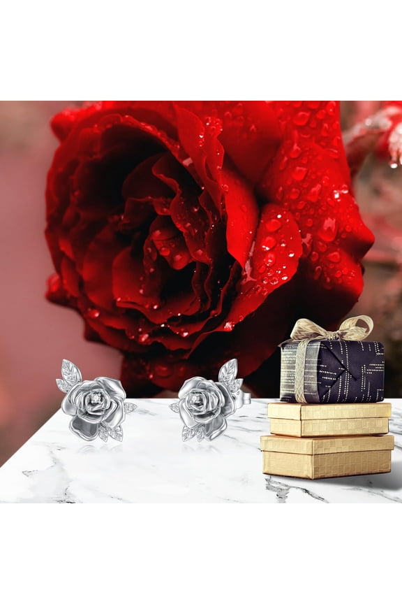 Diamond Rose Stud Earrings for Women 925 Sterling Silver Rose Earrings with Lab Grown Diamond Jewelry Gifts for Mom Wife Girlfriend Daughter Sister Friend