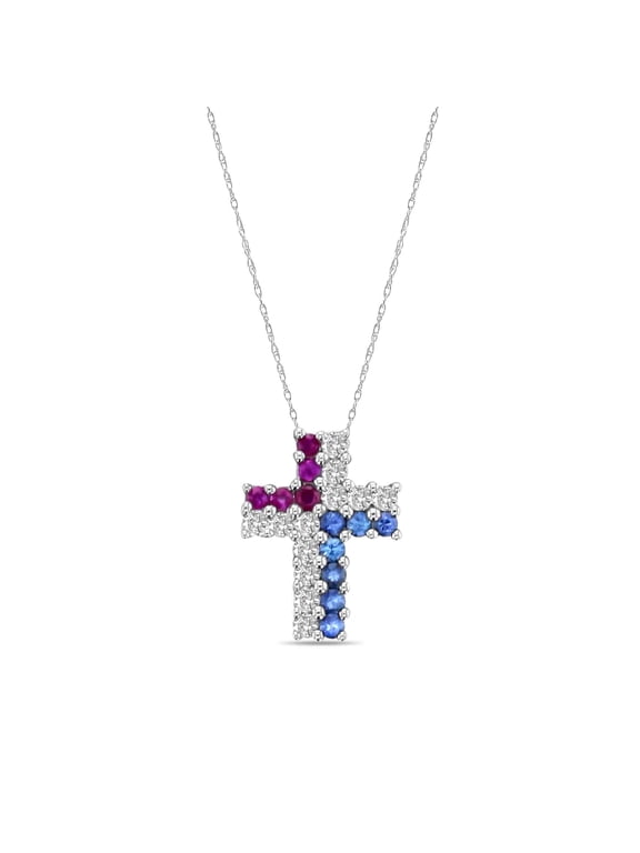 Diamond, Ruby & Sapphire Cross Necklace 14k White Gold - No Chain"