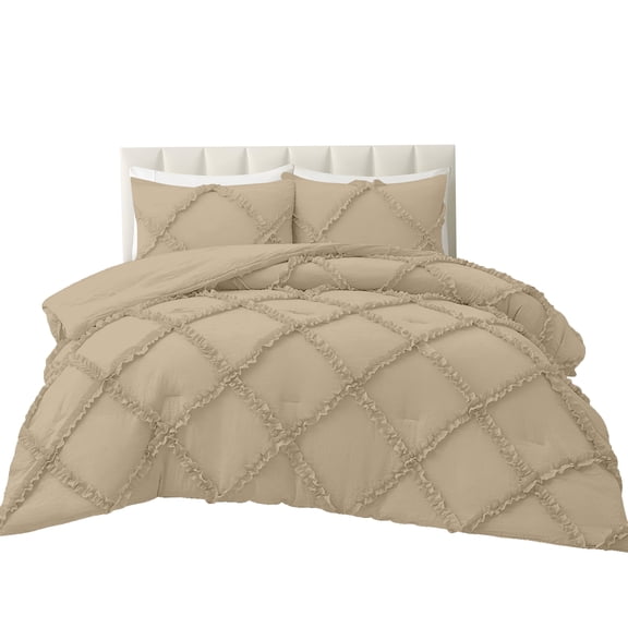 Diamond Ruffle Comforter Set – 3 Piece Egyptian Cotton 600 Thread Count - 500 GSM Warm Fluffy Quilt Comforter, Wrinkle & Fade Resistant - Beige - King (94 * 104) Inches