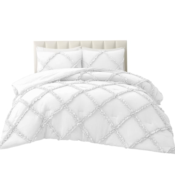 Diamond Ruffle Comforter Set – 3 Piece Egyptian Cotton 600 Thread Count - 500 GSM Warm Fluffy Quilt Comforter, Wrinkle & Fade Resistant - White - Queen (90 * 90) Inches