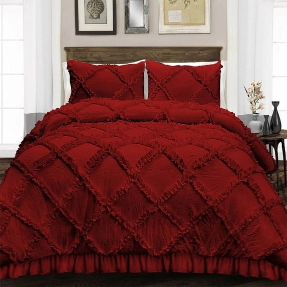 Diamond Ruffle Duvet Cover 3 Piece Set with Zipper, 400 Thread Count & 100% Egyptian Cotton, Luxury Design and Quilts Protector with Pillowcases - Burgundy Solid, Queen Size.