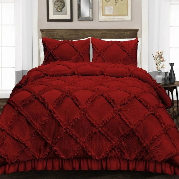 Diamond Ruffle Duvet Cover 3 Piece Set with Zipper, 400 Thread Count & 100% Egyptian Cotton, Luxury Design and Quilts Protector with Pillowcases - Burgundy Solid, Twin Size.
