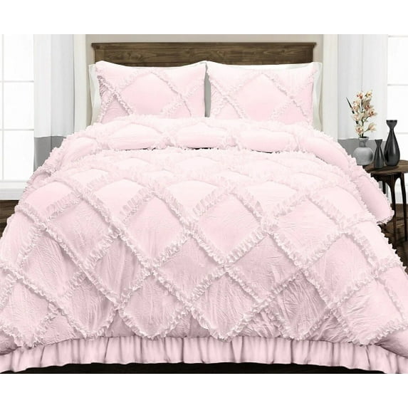 Diamond Ruffle Duvet Cover 3 Piece Set with Zipper, 400 Thread Count & 100% Egyptian Cotton, Luxury Design and Quilts Protector with Pillowcases - Pink Solid, Oversized Size.