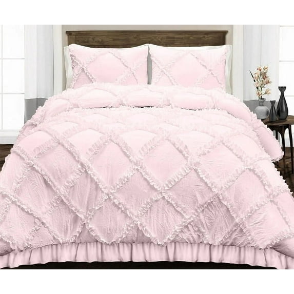 Diamond Ruffle Duvet Cover 3 Piece Set with Zipper, 400 Thread Count & 100% Egyptian Cotton, Luxury Design and Quilts Protector with Pillowcases - Pink Solid, Twin Size.