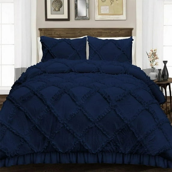 Diamond Ruffle Duvet Cover 3 Piece Set with Zipper, 400 Thread Count & 100% Egyptian Cotton, Luxury Design and Quilts Protector with Pillowcases - Royal Blue Solid, Oversized Size.