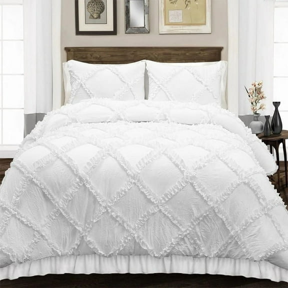 Diamond Ruffle Duvet Cover 3 Piece Set with Zipper, 400 Thread Count & 100% Egyptian Cotton, Luxury Design and Quilts Protector with Pillowcases - White Solid, King Size.