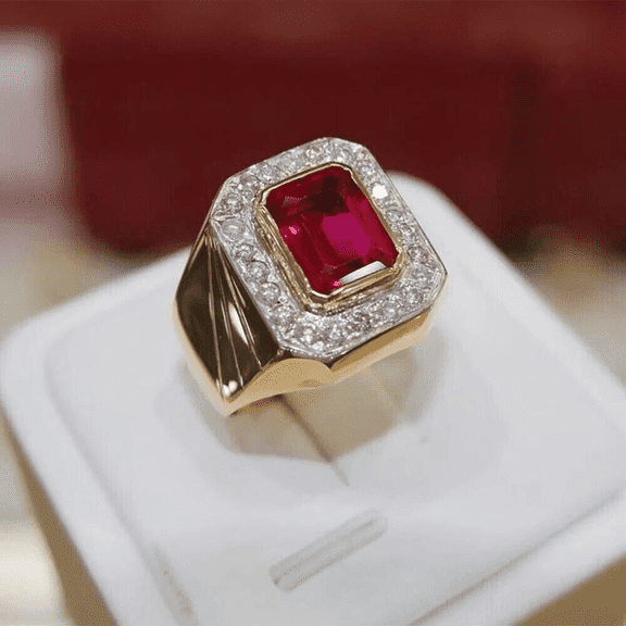 Diamond Sea 3Ct Emerald Cut Lab Created Ruby Ring for Men | Engagement Ring | 14K Yellow Gold Plated | Bold Statement Jewelry