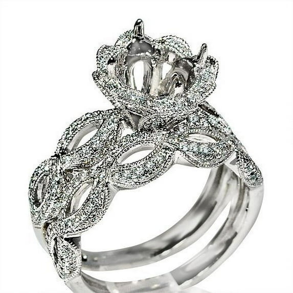 Diamond Semi Mount wedding bridal set 1.15ct fits 1ct round 12mm wide 2pc woven
